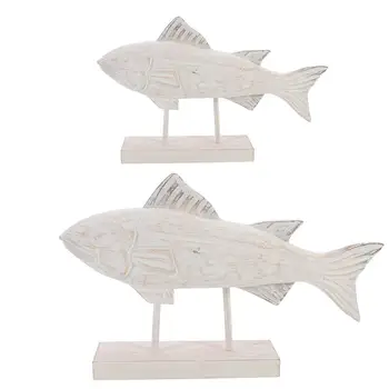 2 buc Sculptate manual din Lemn Rustice Pește Statui Decorative din Lemn Colecție de Artă