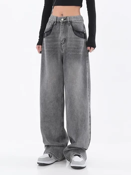 2022 Femei Baggy Gri Blugi Harajuku Y2K Clasic Pantaloni din Denim de Înaltă Talie Pantaloni Lungi Largi Picior Streetwear de Bază Direct de Epocă