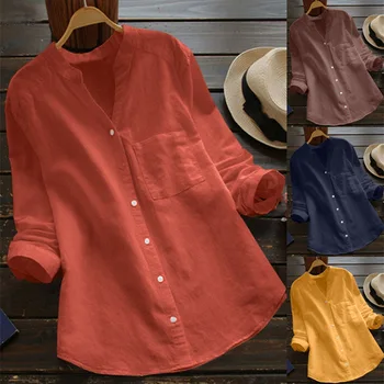 2022 nou Butonul de Bluze pentru Femei Buzunare Lenjerie de pat din Bumbac Casual Femei Tricouri Top de Vara Tricou cu Maneci Lungi, Bluza de Culoare Solidă Topuri