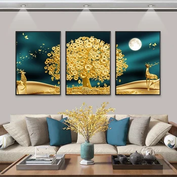 Aur Artă Cerb Copac Bani Perete Imagine Islamic de Arta de Perete Nici un Cadru Abstract Luna Panza de Imprimare Poster Încă de viață