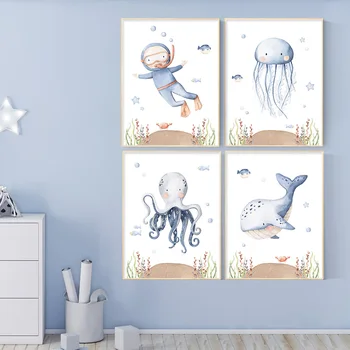 Desene animate drăguț în mare Postere de Arta Pepinieră Lume Ocean Pictura Panza Printuri de Imagini de Perete Băiat Joacă BabyRoom Decor