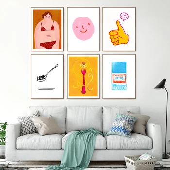 Femei Sexy Ilustrare De Artă De Imprimare Degetul Mare În Sus Spaghete Furculita Panza Poster Animat Abstract Zâmbet Amuzant Imagine Perete Decor Bucatarie