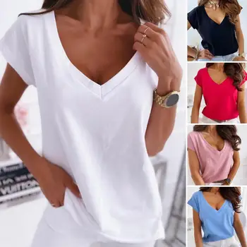 Femei Topuri de Vara tricou V-Neck Maneca Scurta Respirabil Simplu T-shirt Femei Culoare Solidă Pulover Top de sex Feminin Streetwear