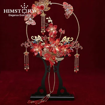 HIMSTORY Clearance-ul mai Nou Designer Chinez Roșu Buchete de Mireasa Fan 3D Flori Tubulare de Metal Rotund Fan Accesorii de Nunta