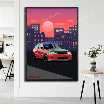 Honda Civic Type R EK9 Ilustrare Panza de Imprimare Poster - A4 / A3 Portret Limitat de Imprimare JDM Auto Poster