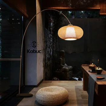 Kobuc stil Japonez de Bambus, Lampa de Podea Heavy Metal de Bază în Picioare de Iluminat Regla Pol Lung Noptieră Lumina de Citit