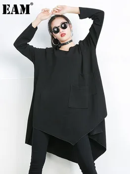 [MEM] 2023 Nouă Primăvară de Toamnă Negru Gât Rotund Maneca Lunga Marime Mare Neregulate Despicare Pocket T-shirt Femei de Moda Valul 1C019