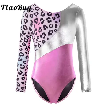 Mâneci lungi Gimnastica Workot Bodysuit Salopeta pentru Fete Copii Leopard de Imprimare de Dans Balet Costume de Balerina Practică Costum
