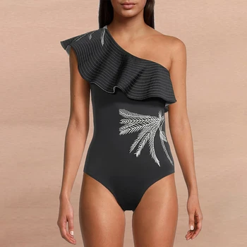 Neagră Pe Un Umăr Ciufulit Brodate-O Singură Bucată De Costume De Baie Cu Talie Înaltă Skinny Sexy Bikini Elegant Slim 2022 Moda Push Up