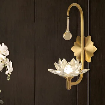 Nou Chinezesc Cupru Lotus De Cristal Lampă De Perete Aur Luciu Led G9 Zen În Arta De Perete Sconces Dormitor Decor Fundal Pentru Camera De Zi Coridor