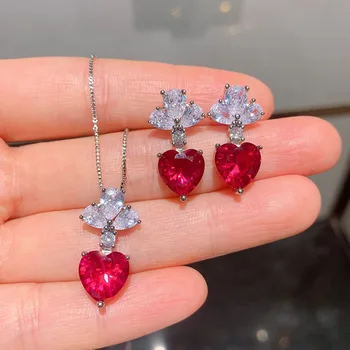 Nunta Vintage Seturi de Bijuterii pentru Femei 10*10mm în Formă de Inimă Ruby Piatră prețioasă Laborator Diamante Pandantiv Colier Picătură Cercei Cadou frumos