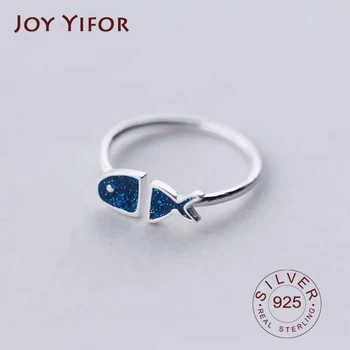 Real Argint 925 Geometrice Email Negru albastru pește Inel Reglabil Minimalist Bijuterii Fine Pentru Femei, Cadou pentru Petrecere