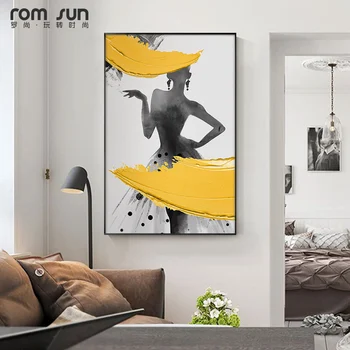 Rezumat fete gri Silueta Panza Pictura postere și de imprimare Moderne Figura Arta de Perete galben Imaginile pentru Camera de zi Dormitor