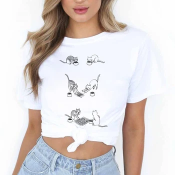 Tricou Femei Grafic Pisica Amuzant Joc de Șah de Desene animate Drăguț 90 de Vara T-Shirt, Blaturi Doamna de Femei de Îmbrăcăminte, Haine Tee Tricou Femeie