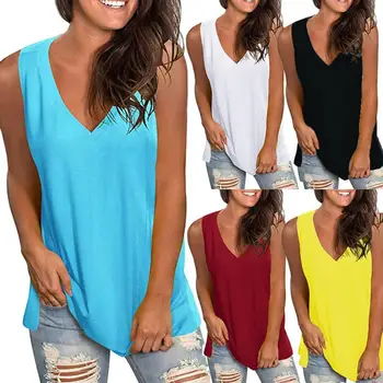 Vara tricou Femei Culoare Solidă V-Neck Top fără Mâneci Vesta, tricou femei Vrac Casual pentru Femei tricou ropa de mujer