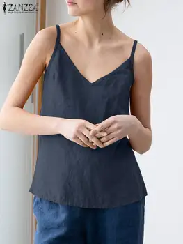 ZANZEA Top de Vara Pentru Femei din Bumbac Curea V Gâtului fără Mâneci Rezervor Topuri Largi Streetwear T-shirt Casual Camis Tricouri Bluze
