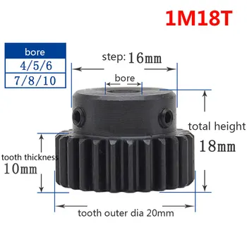 1/2/5/10/20BUC 1M 18T Spur Gear Pinion Plictisesc 5mm Pas 16mm Suprafață Neagră Angrenaj cilindric Cu Pas Modul 1 Tooth18 Exterior Diameter20mm