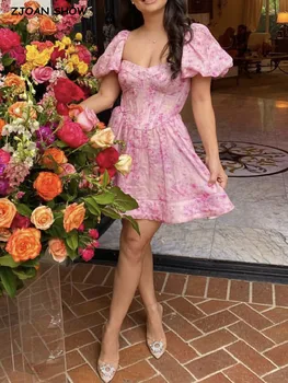 2022 Printesa Ruched Sutien Stil Roz Floare de Imprimare Rochie Mini Femeile Puff Maneca os de Pește Talie Subțire Tort Mini Petrecere Halat
