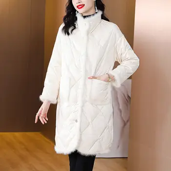 2022 Toamna Iarna coreean de Blană de Nurcă de Bumbac Jacheta Femei Vrac Lungime Medie, Alb la Modă Cald de Vata de munca Haina Elegant T810