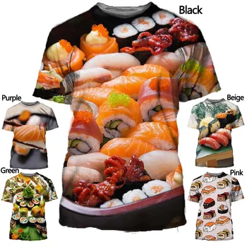 3D imprimate T-shirt sushi pește și carne tricou barbati casual scurte gât rotund maneca alimentare T-shirt