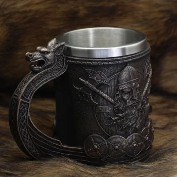 600ml Viking Lemn Stil Halbă de Bere Dragon Medieval Rășină din Oțel Inoxidabil Halbă de Bere Retro Tankard Craniu Ceașcă de Cafea Cana de Ceai Cupa de Bere