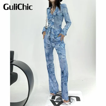 7.6 GuliChic Femei Vintage Denim Print Slim Zburli Tricou Sau Tricotate Evazate Pantaloni Set
