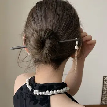 Antic Frizură Perle Lanț Pandantiv Stick De Păr Clip Simplu Stil Chinezesc Hanfu Lemn Femei Ac De Păr Accesorii De Par Fata