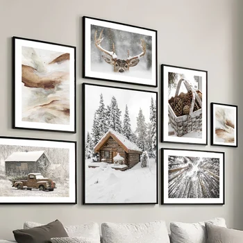 Arta De Perete Panza De Iarnă Zăpadă Casa De Pin, Frunze De Copac Reni Nordic Postere, Pictură Și Printuri De Imagini De Perete Pentru Living Decorul Camerei