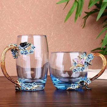 Blue Rose Email Fluture Cristal Pahare de Sticlă de Înaltă calitate de Flori Ceașcă de Ceai Cana de Băuturi Calde Și Reci Ceașcă de Ceai Cadou de Nunta Perfecta