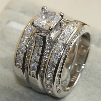 Choucong partea de Sus a Vinde Bijuterii de Lux 925 Sterling Silver Princess Cut Alb Topaz CZ Diamant 3PCS Femeile Nunta Trupa Inel Cadou