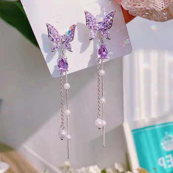 Coreea Cristal Stras Fluture Picătură Cercei Pentru Femeile Noua Moda Imitație Pearl Lanț Tassel Cercei Fata De Partid Bijuterii