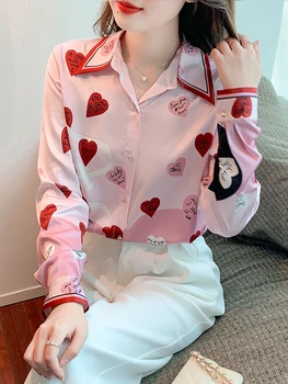 Cu Mâneci lungi Femei Tricou Roz Drăguț Inima Rosie Tipărite Ascuțite Guler Feminin Butonul Topuri Elegante, Bluza Mujer Primavara-Vara 2022