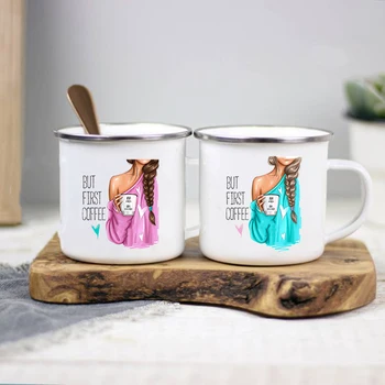 Dar Mai Întâi De Cafea Fata Imprimate Cani Creative Ceașcă De Cafea Băuturi Desert Mic Dejun Lapte Cesti Cana De Email Ocupa Drinkware Mai Bune Cadouri