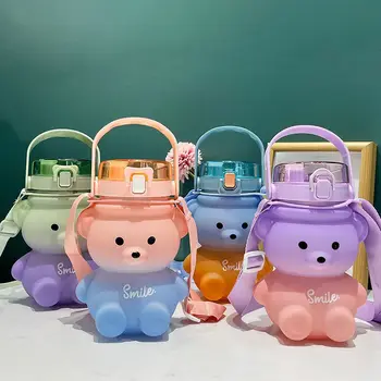Drăguț Kawaii Sticla de Apa pentru Fata Urs Plastic Roz coreean Copii Sport Mare Ulcior de Lapte de Băut Școală pentru Copii Cu Curea de Paie