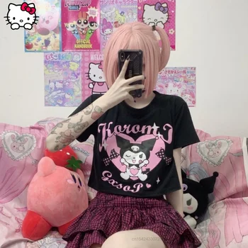 Drăguț Kuromi Imprimat cu Maneci Scurte Dulce Rece T-shirt Y2k Femei Vara Noi Top Scurt de Epocă Stil de Colegiu de sex Feminin Clothng Kawaii