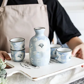 Floare albastra de Vin Set Sake-ul Japonez Set Ceramic Oală cu Vin Băut Cupa Carafă Bar Set (1 oală + 4 cesti)