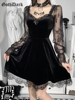 Goth Inchis Velur Gotic Estetice Rochii de Epocă femeii Dantela Mozaic Grunge Rochie Neagra cu Maneci Lungi-linie de Toamnă Partywear