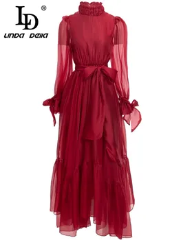 LD LINDA DELLA Designer de Moda Rochie de Toamna Femei Stand de guler maneca Lunga cu Centură Asimetric Doamnelor Roșu Rochii Lungi