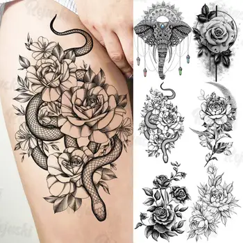 Negru Cu Flori Mari De Șarpe Tatuaje Temporare Pentru Femei Adulți Coapsei Tatuaje Gențiană Florale Elefant Fals Coapsei Autocolant Tatuaj