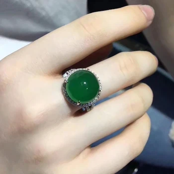 Nou de argint, cu diamante naturale de culoare verde închis calcedonie rotund inel reglabil rafinat stil retro elegant doamnelor bijuterii