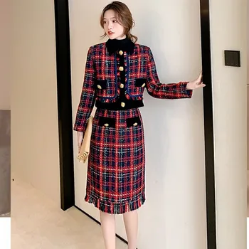 Pista Toamna Iarna Coreeană Franceză Mici, Parfumate De Lână Sacou De Tweed Coat + Talie Mare Elegant Ciucure Costume Fusta Două Bucata Set