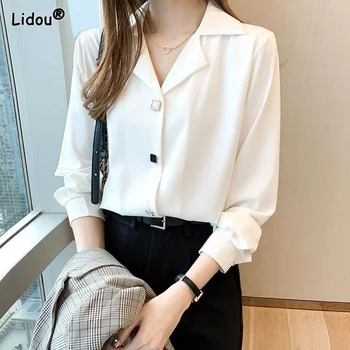 Subțire Șifon Îmbrăcăminte pentru Femei Polo-Neck Solid Femeie de Moda Bluze 2022 Singur Pieptul Femei Camasa Office Lady Generos Trend