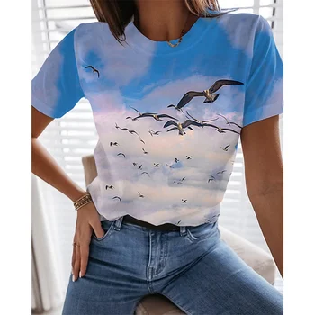 Vara la Mare Animal 3D de Imprimare T-Shirt Pescăruș Delfin Femei de Moda Streetwear Supradimensionate O-Neck T Shirt Girl sex Feminin Topuri Tricouri Haine